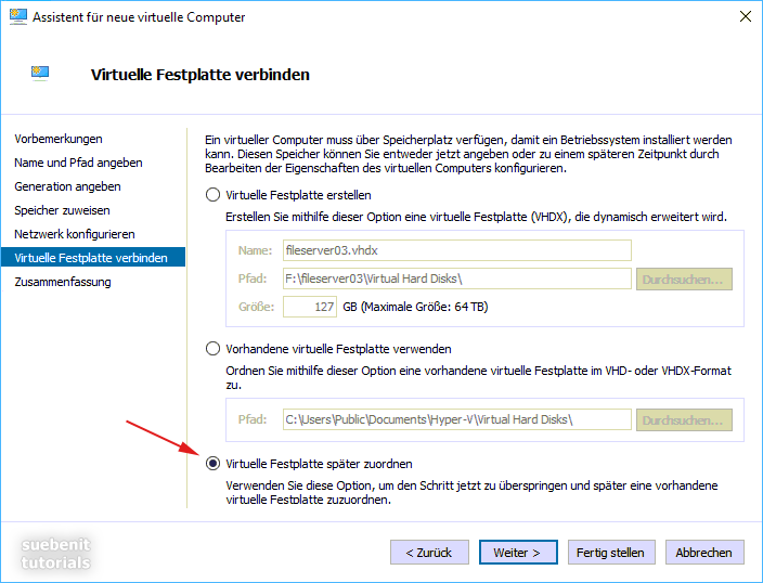 Mit dem Hyper-V Manager eine virtuelle Festplatte verbinden.