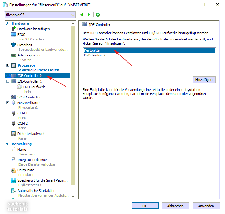 VM einstellen IDE Controller