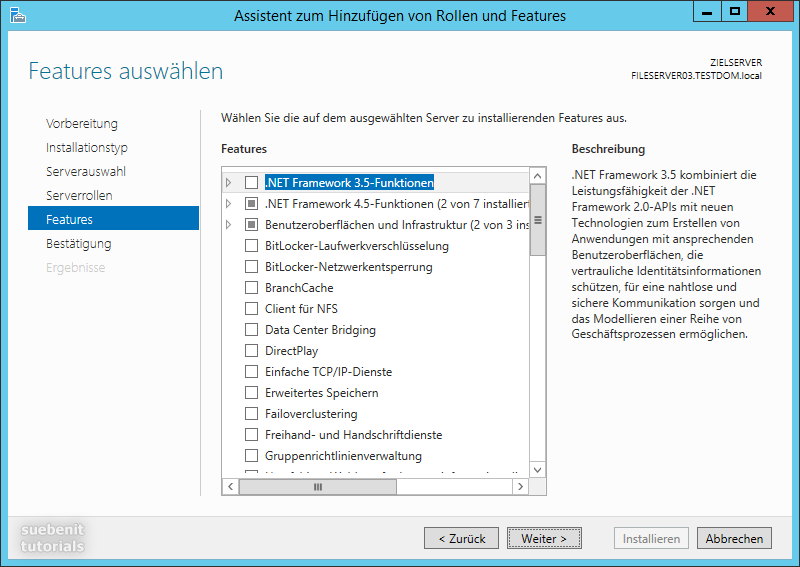 Microsoft Windows Server 2012 R2 Features hinzufügen Fileserver