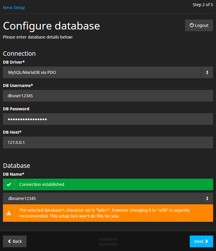 Neos Setup Datenbank konfigurieren Kollation error