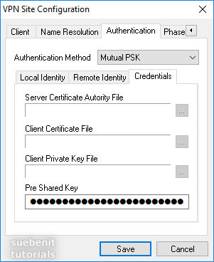 Shrew Soft VPN Client: Credentials als Pre Shared Key (Passwort, Zugangsdaten).