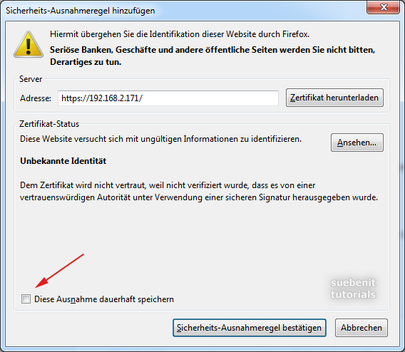 Firefox Zertifikat Sicherheits-Ausnahme-Regel hinzufügen