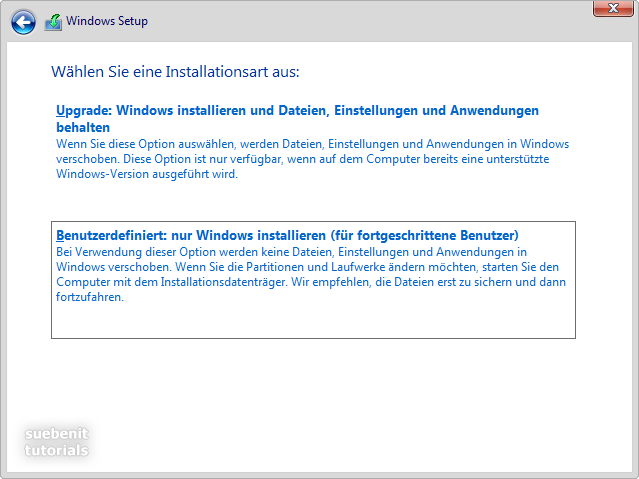 Windows 10 Setup Installationsart benutzerdefiniert.
