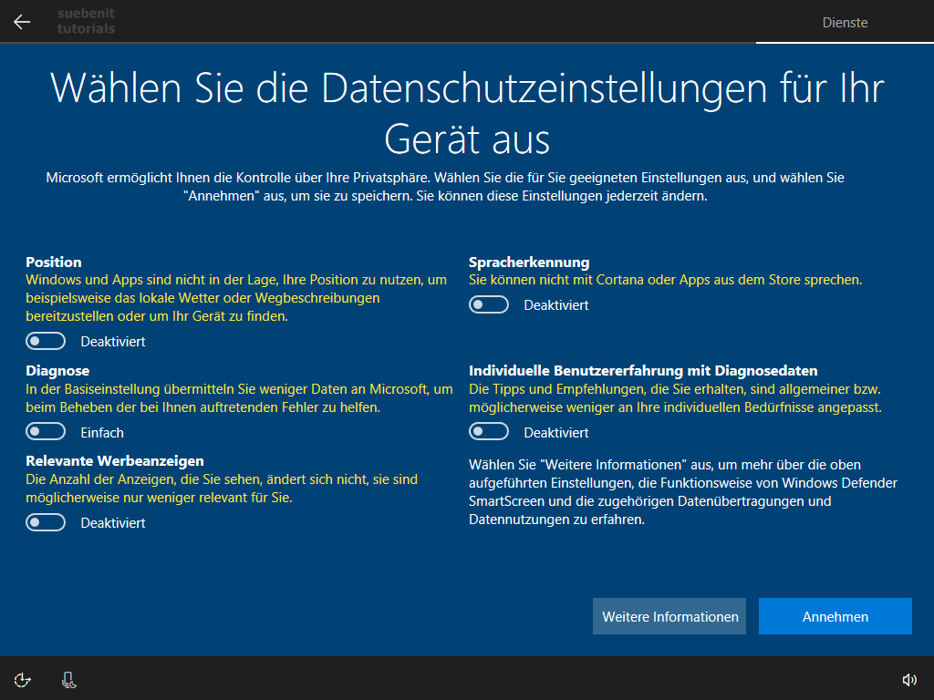 Windows 10 Setuproutine Datenschutzeinstellungen