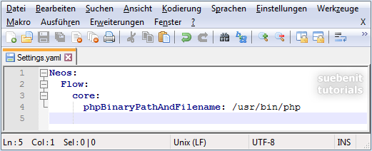 Inhalt der Settings.yaml mit Angabe zum php binary path