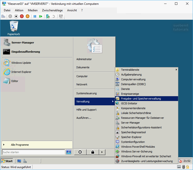 Desktop von Server2008 mit Server-Freigabe und Speicherverwaltung verknüpfen