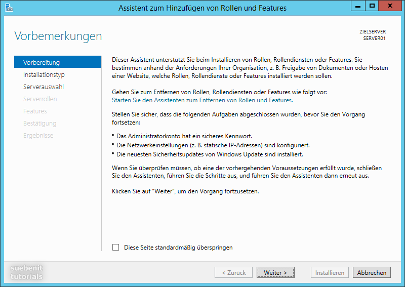 Windows Server 2012 r2 Assistent zum Hinzufügen von Rollen und Features